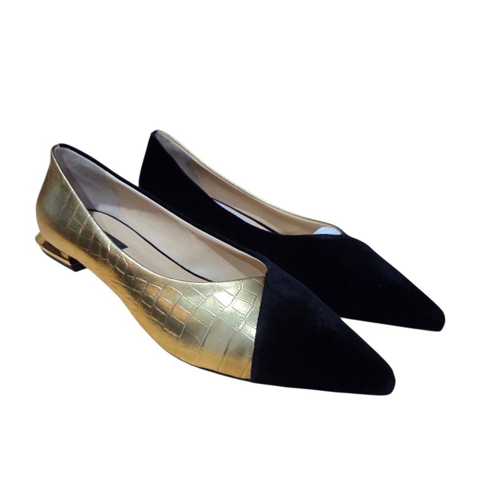 Marina Rinaldi Laos Flats size 12 Black Gold New Velvet Croc Embossed Italy $695